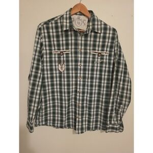 OS Trachten Alpenjäger Bavarian Shirt Green Plaid Mountain Patches Oktoberfest M